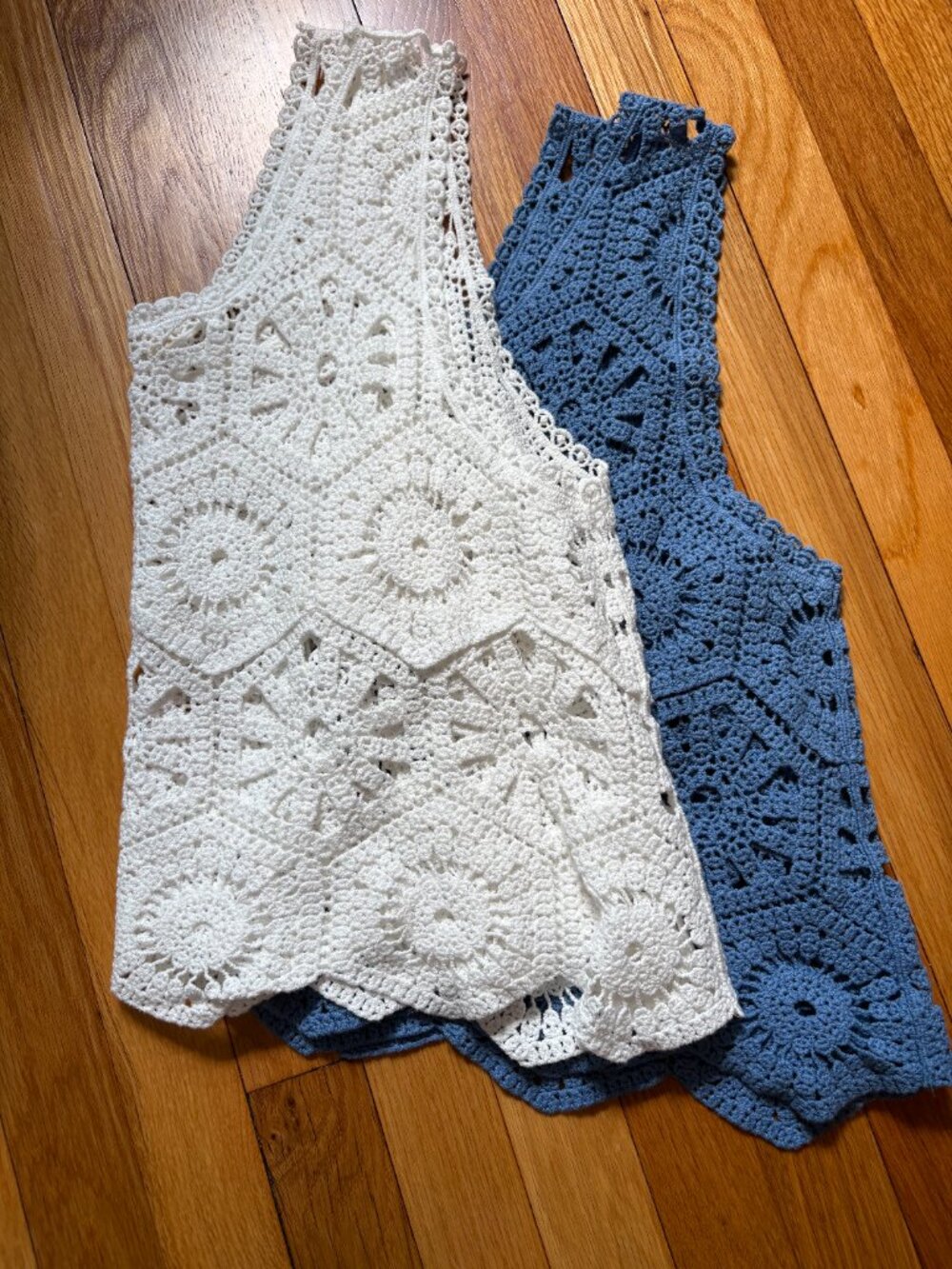 100% Cotton Crochet Tank Tops White Blue Boho (Set of 2)